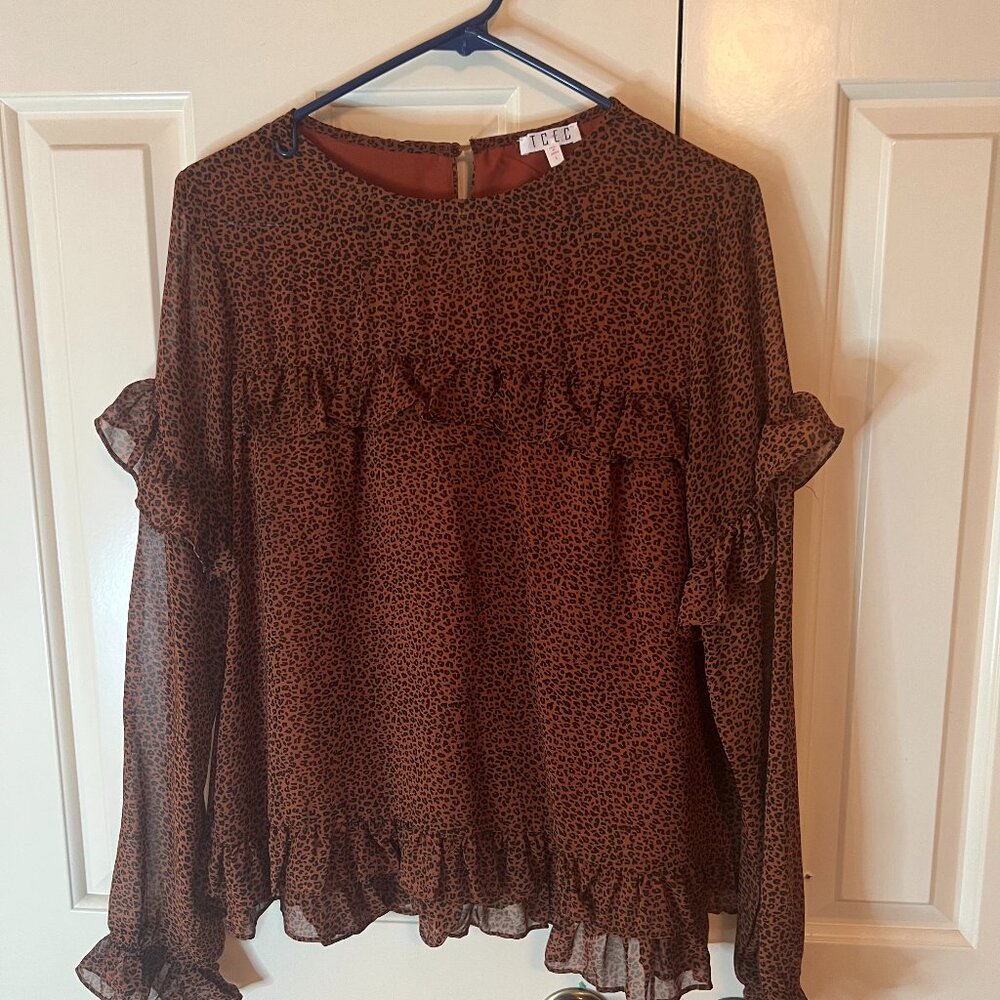 TCEC Brown Leopard Blouse with Ruffles Size Large